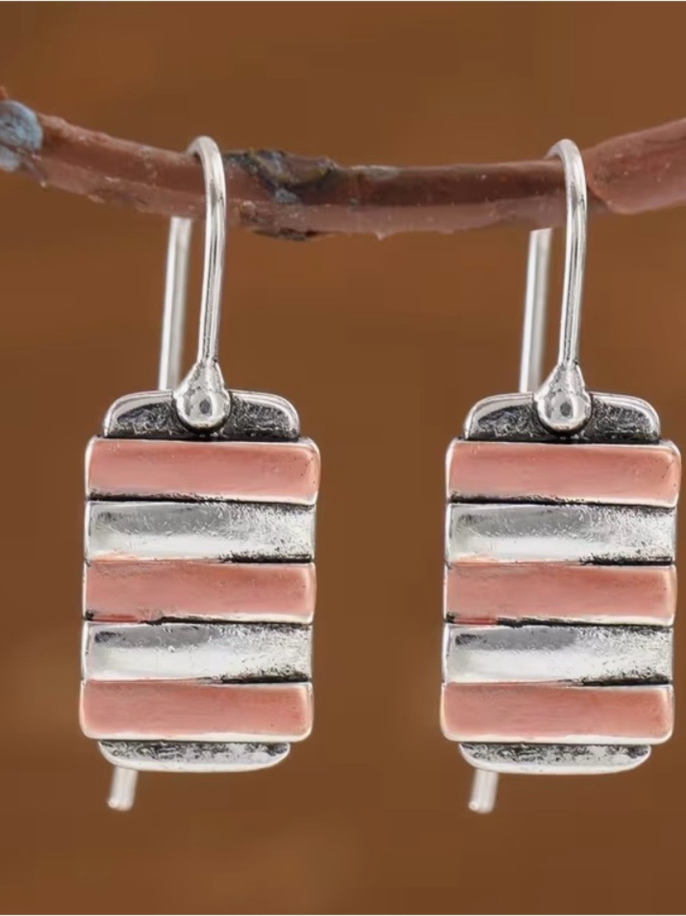 Sterling Silver Pink and Silver Striped Rectangle Drop Earrings